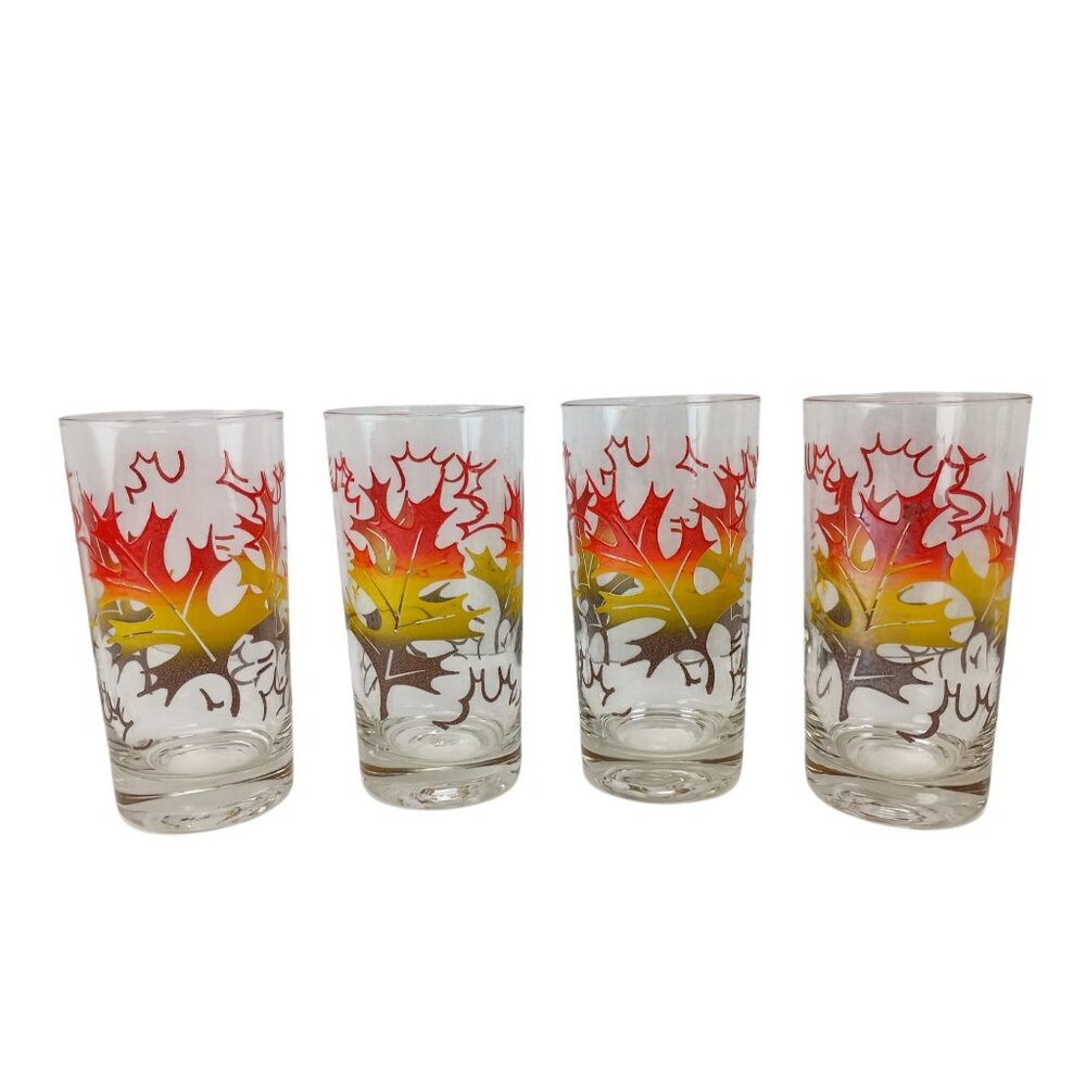Vintage Fall Oak Leaves Orange/Yellow/Brown Retro Glass Tumblers Set Of 4 - Picture 2 of 6